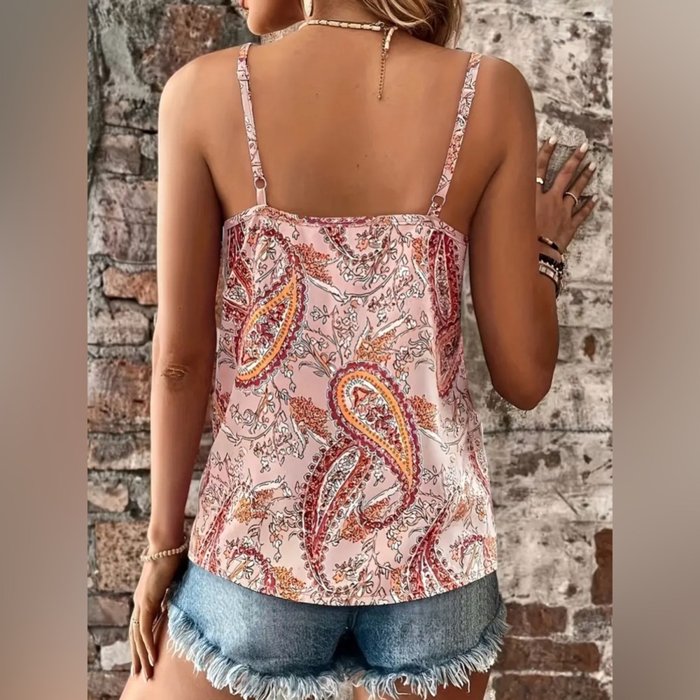 PINK RUFFLE CAMI TOP WITH PAISLEY PRINT - Picture 2 of 3
